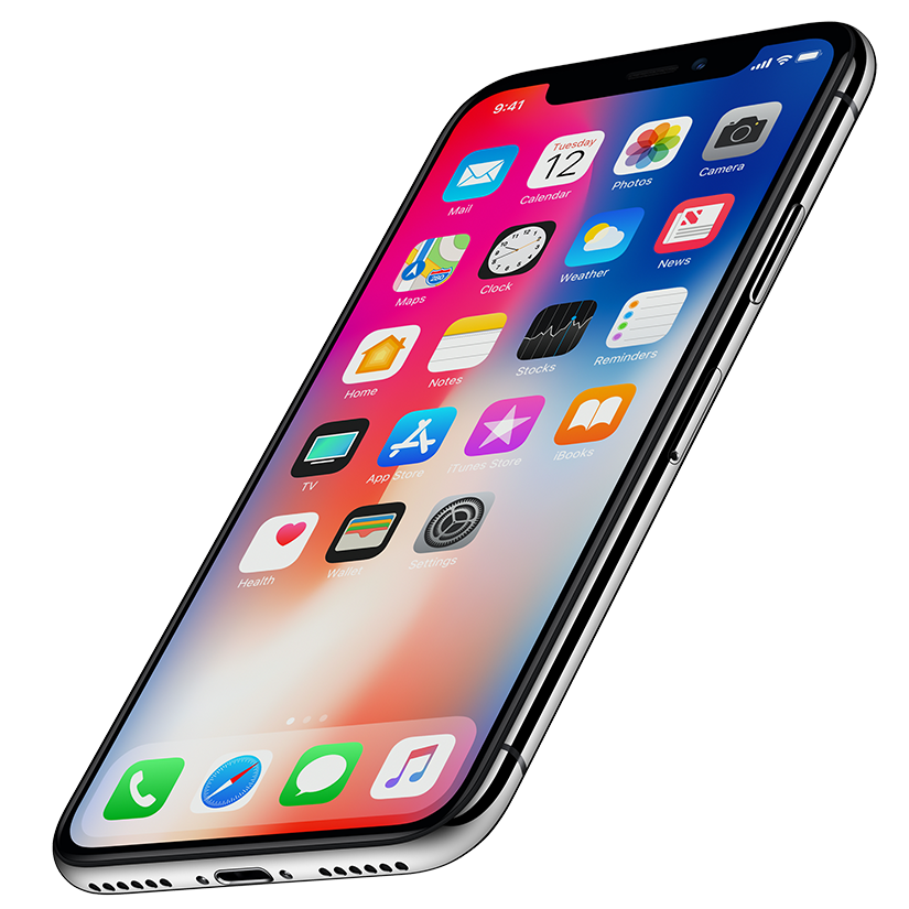 Perspective view new Apple iPhone X smartphone isolated on white background. Varna, Bulgaria - January 23, 2018: Perspective view new Apple iPhone X 10 isolated on white background. New iOS 11 homescreen on iPhone X frameless display. High-quality studio shot.