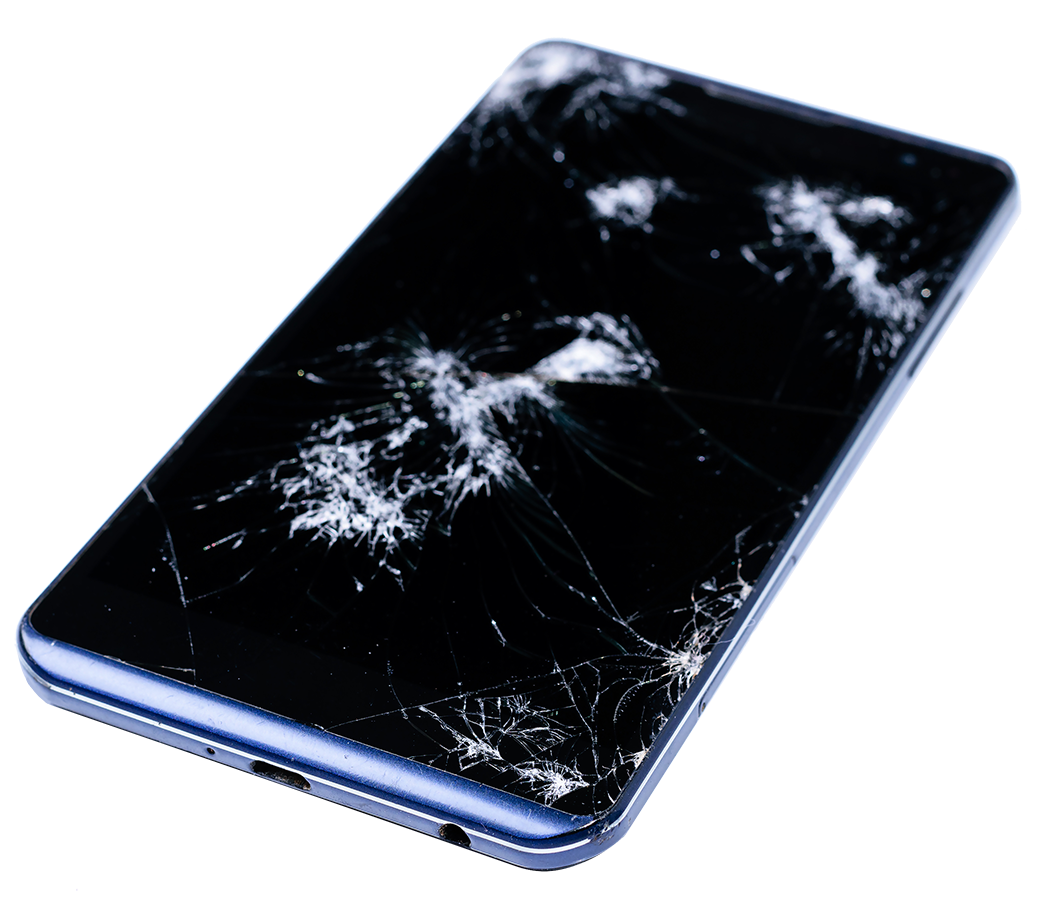 Modern LCD touch screen display mobile smartphone is cracked and broken after drop. Broken phone glass close up view, isolated on white background for design