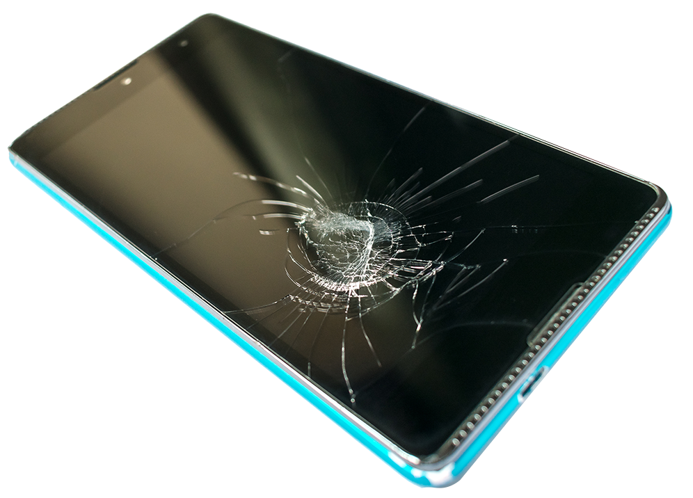 Smartphone with a broken screen isolated on white background. Phone repair concept closeup. Stock image.